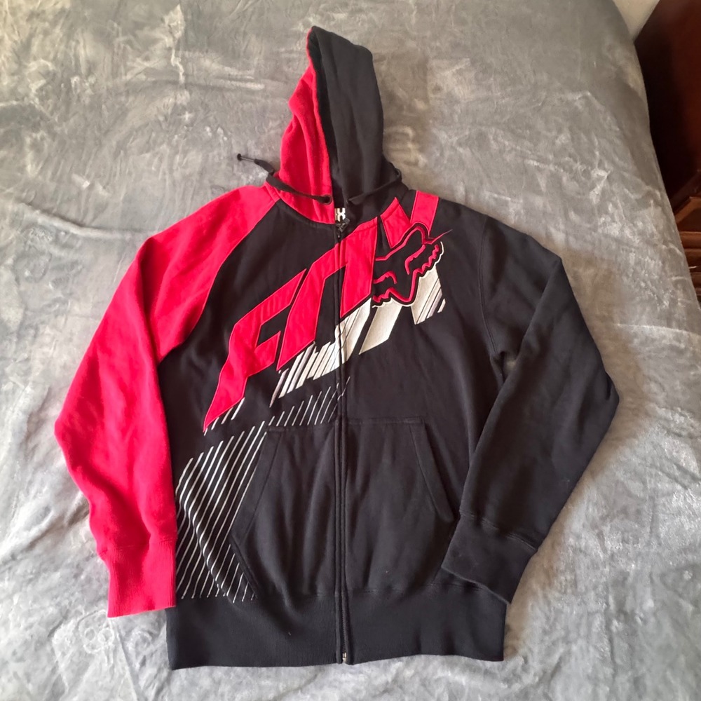 Fox Racing Mens Full Zip Hoodie Black Red Embroidered Logo Sweatshirt Size M